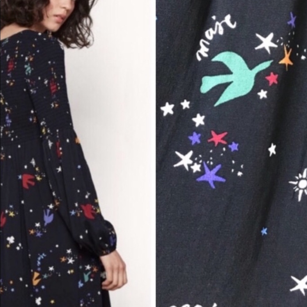 Maje Reskita smocked bird print dress